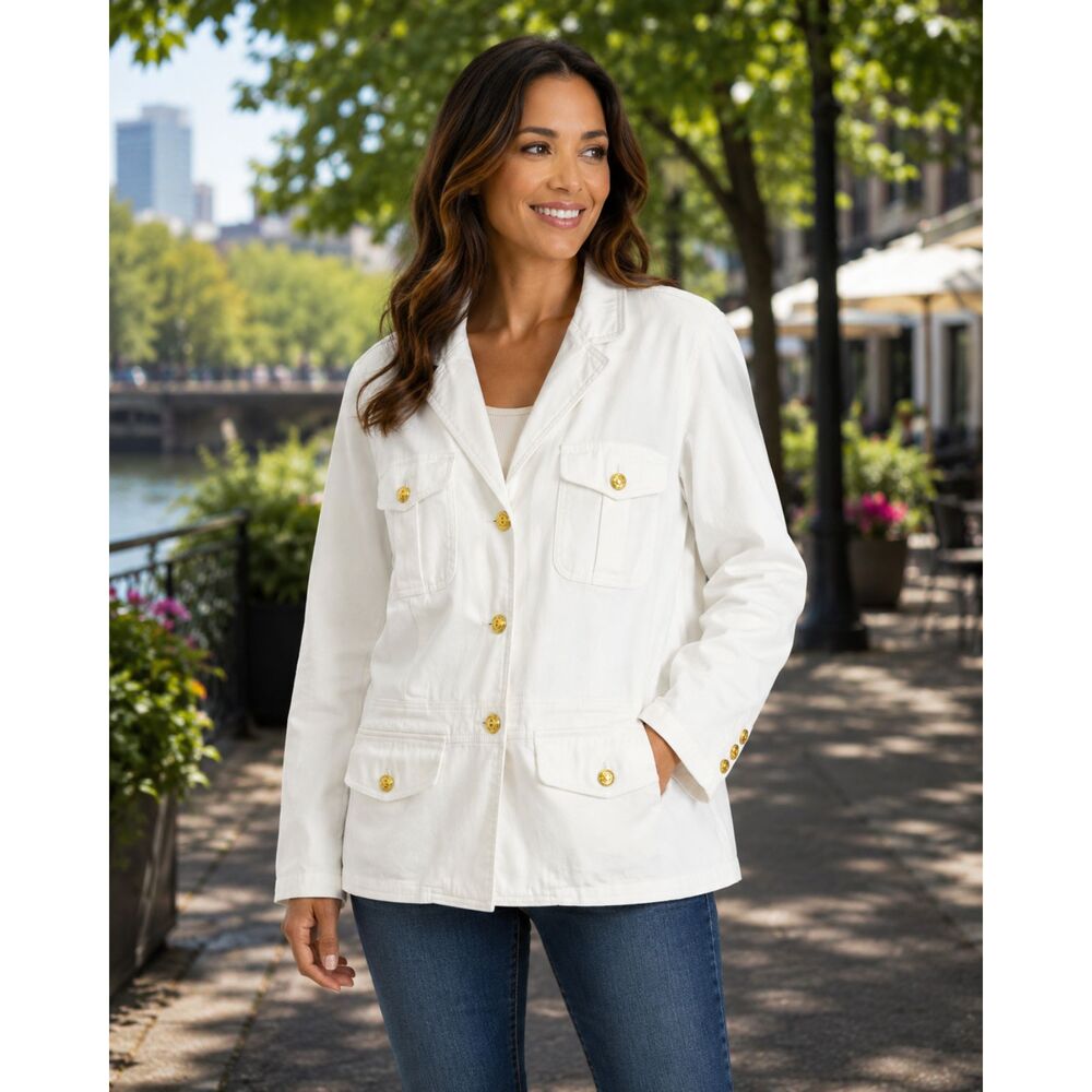 Chaps Womens Size 2X White Jacket Stretch Utility Safari Blazer Casual Coastal